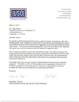 USO NW FL Thank you Letter for the Northwest Florida Regional Airport USO Center Renovation Project